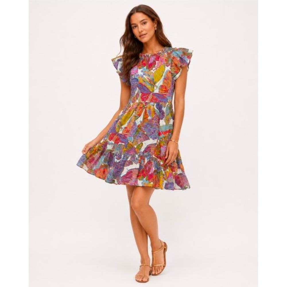 Caroline Constas Papillon Butterfly Print Mini Dress Large Ruffle Tiered Cotton